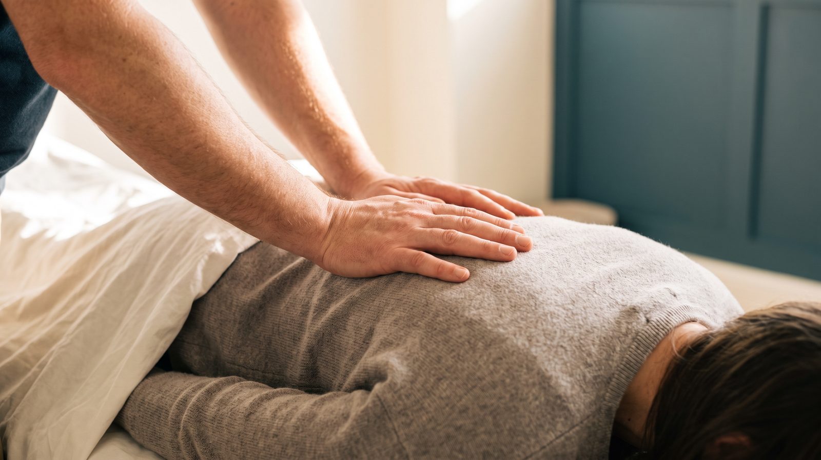 Chiropractor adjusting a patient lying on a treatment table in a bright clinic room