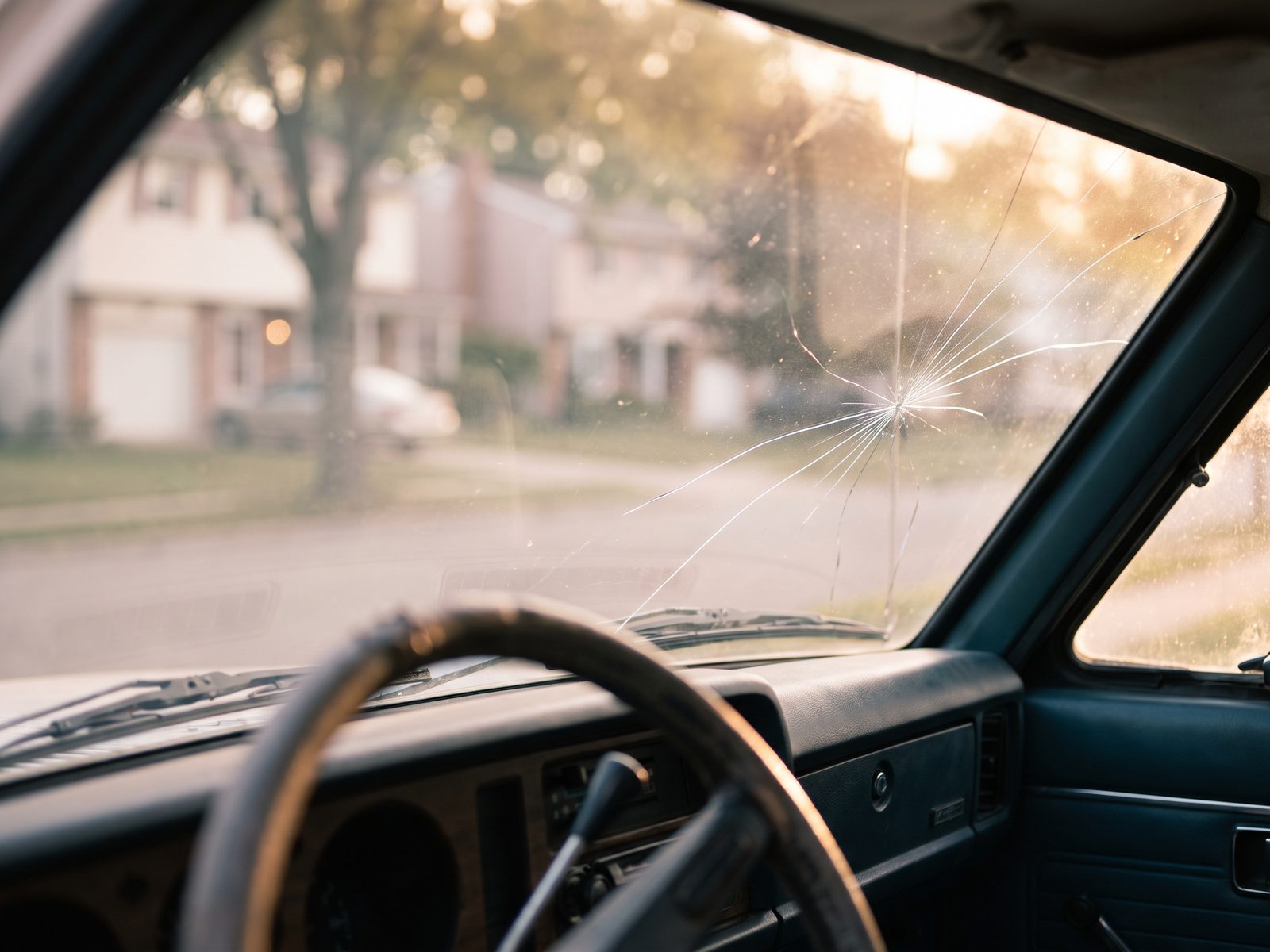 View from inside a car showing a cracked windshield in late afternoon light