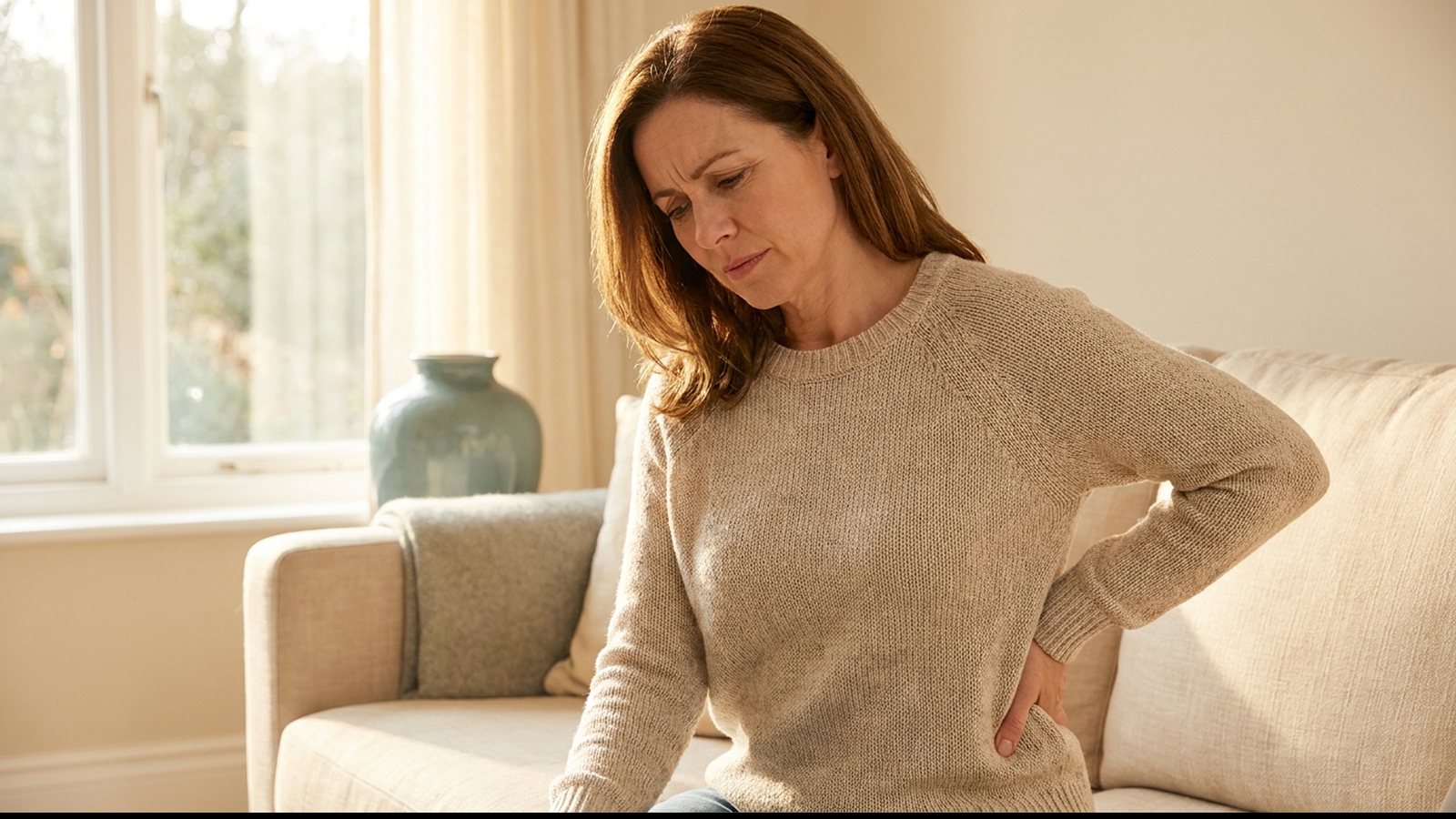 Woman seated on a sofa in warm daylight resting one hand on her lower back