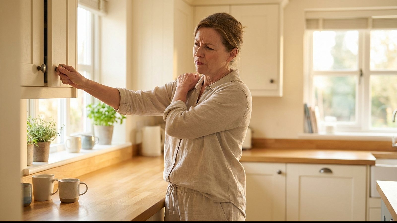Woman reaching sideways for a kitchen cupboard with her other hand cupping the outer point of her shoulder