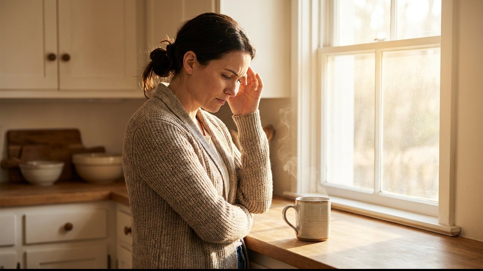 Woman standing at a sunlit kitchen window with her fingertips at her temple