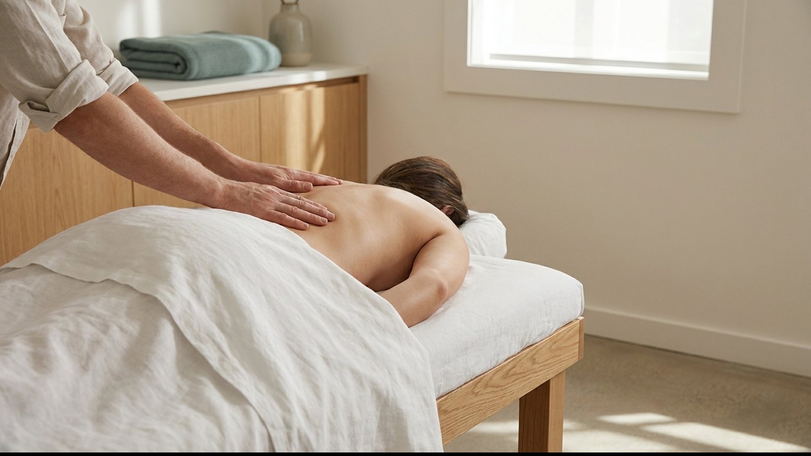Therapist working along a draped patient’s upper back on a treatment table