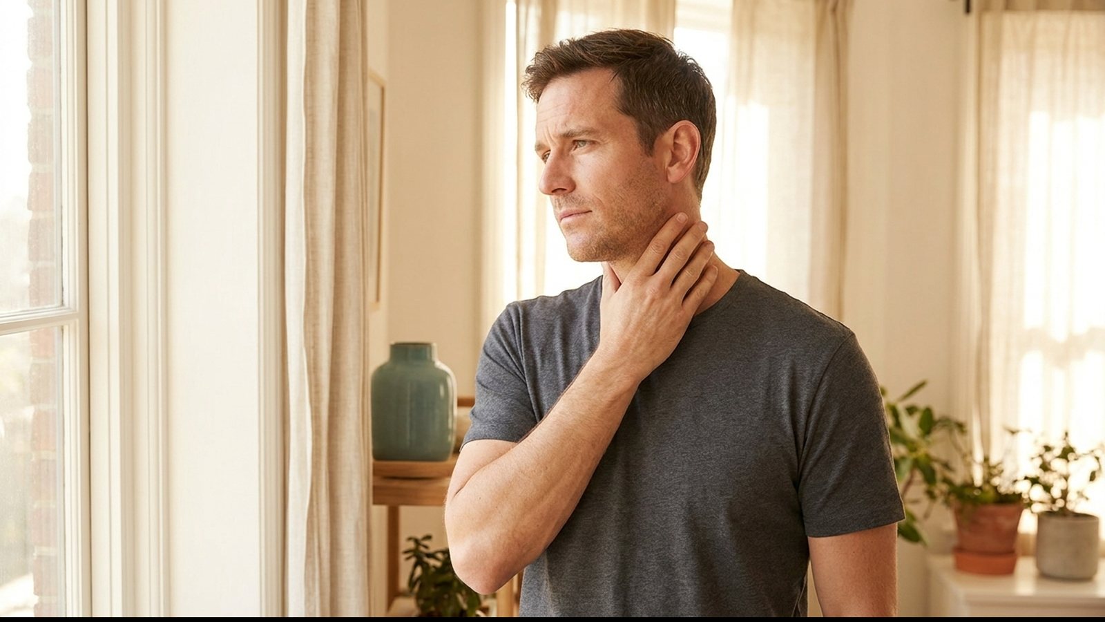 Man turning his head slowly by a bright window with one hand against the side of his neck