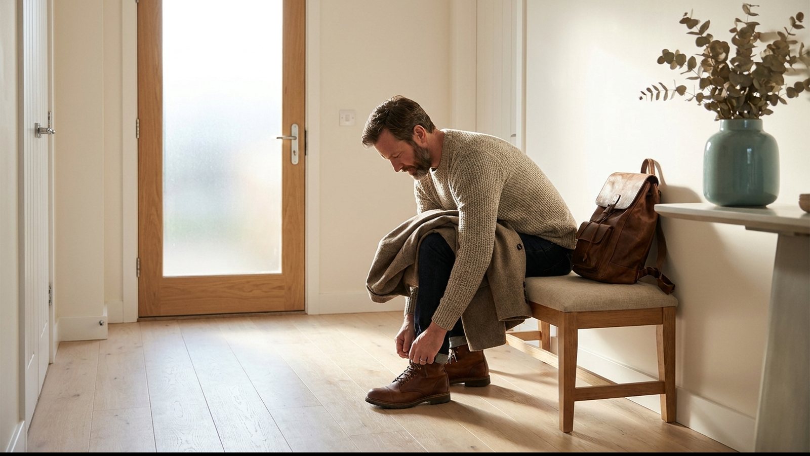 Man sitting on a bench by the front door lacing up walking shoes on a winter morning