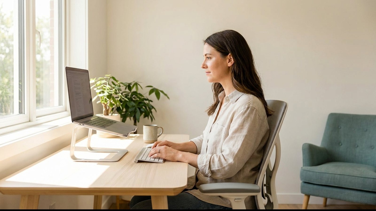 Woman sitting upright at a home desk with her laptop raised to eye level on a stand