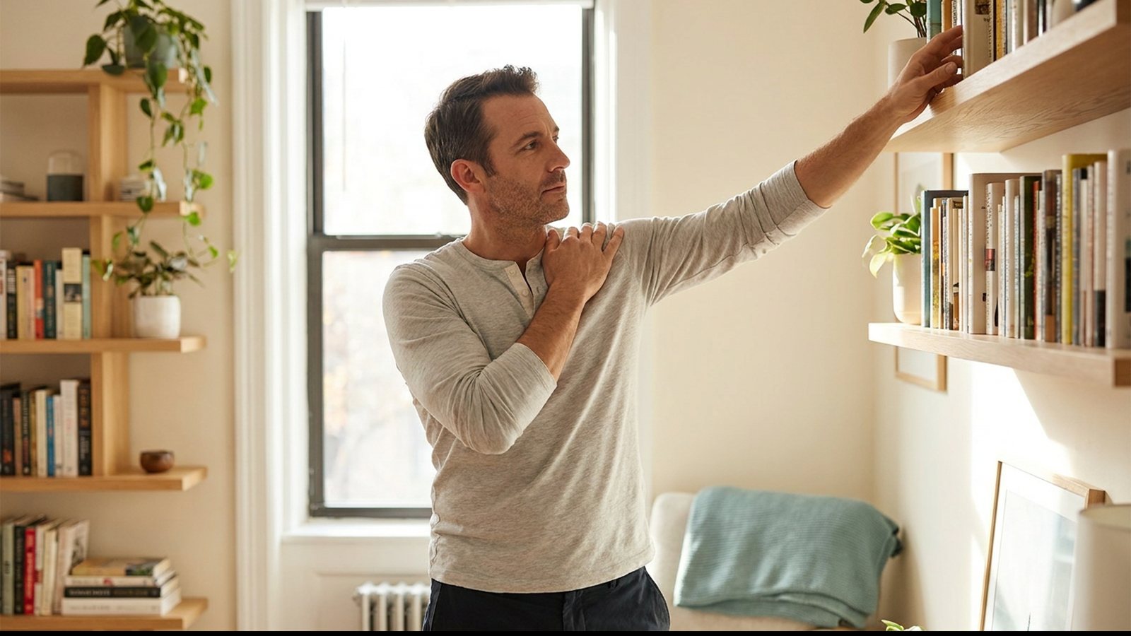 Man pausing mid-reach for a high shelf with his other hand cupping the front of his shoulder