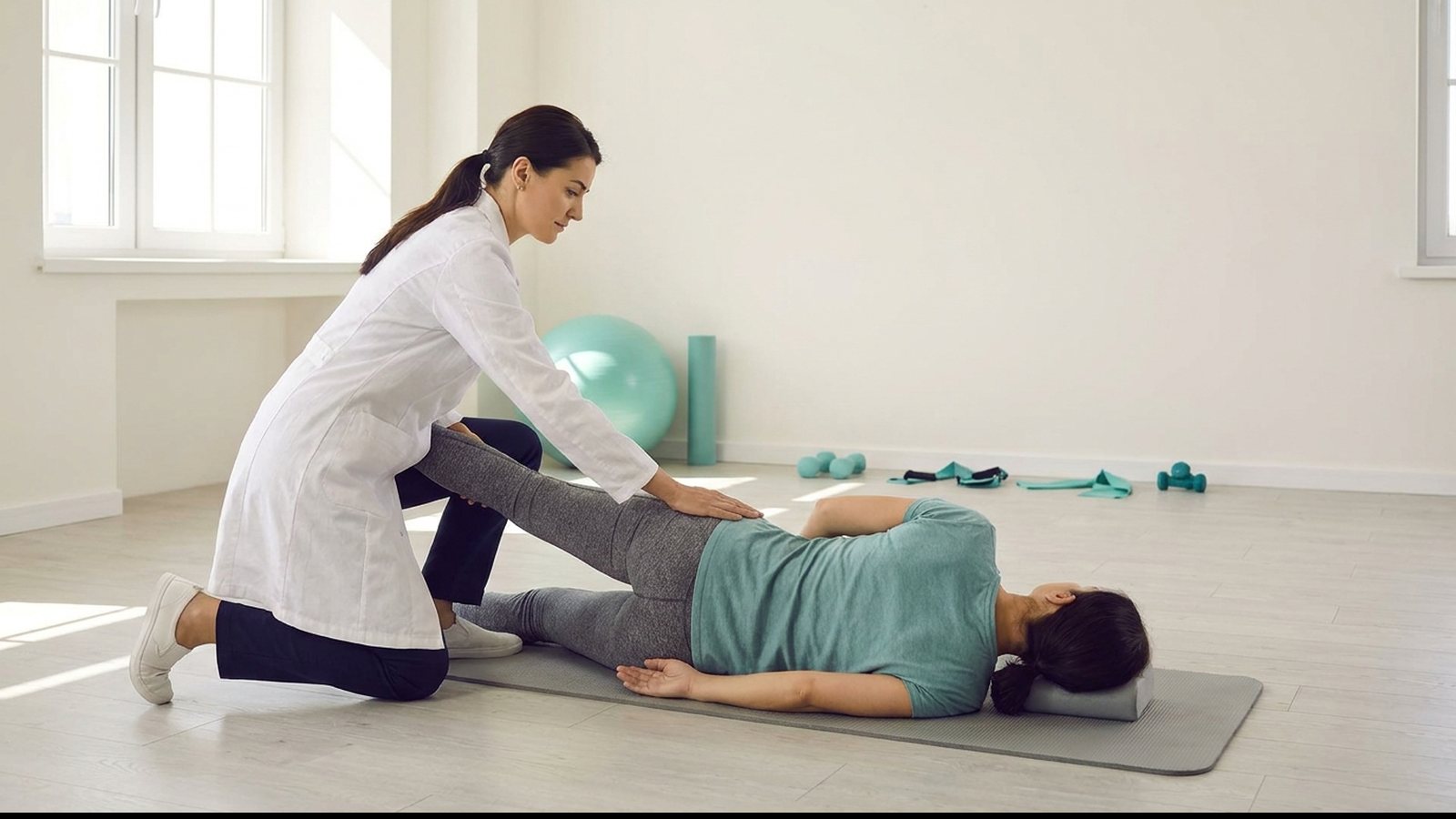 Physical therapist guiding a patient through a slow controlled exercise on a mat in a bright rehab room