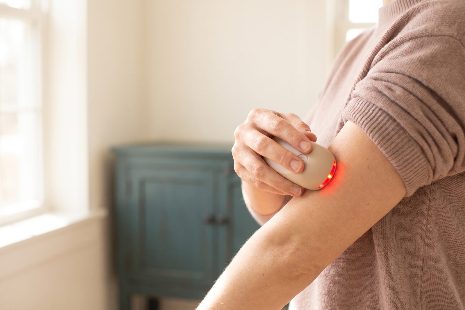 Handheld therapy device with a red light held against a patient's upper arm