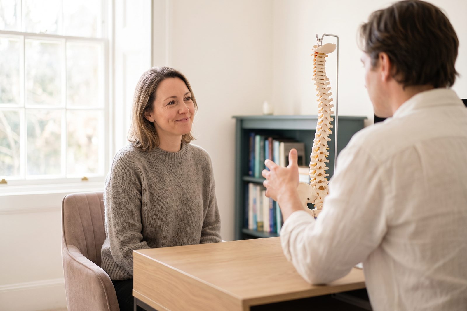 Two people seated at a desk with a spine model between them during a consultation