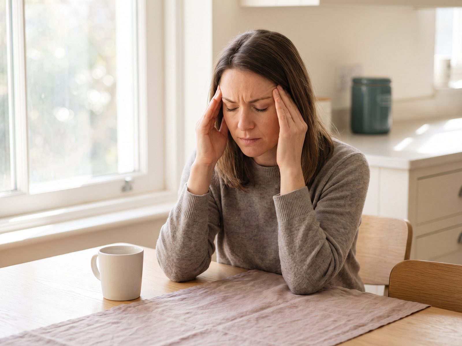 Person sitting at a kitchen table with both hands pressed to their temples