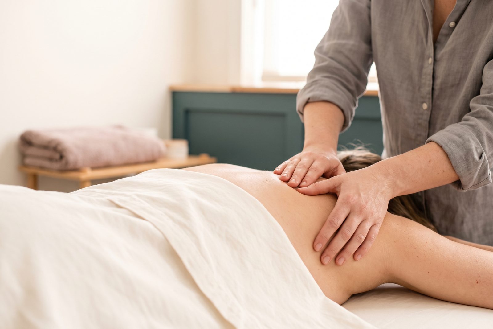 Massage therapist's hands working on a patient's draped upper back
