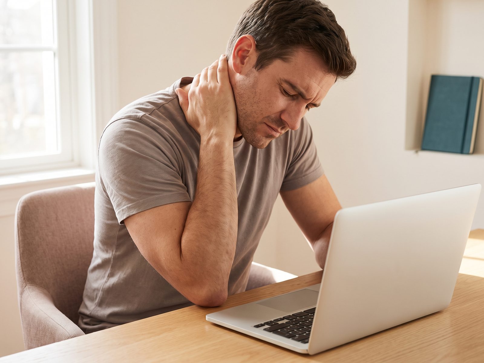 Person hunched over a laptop gripping the back of their neck