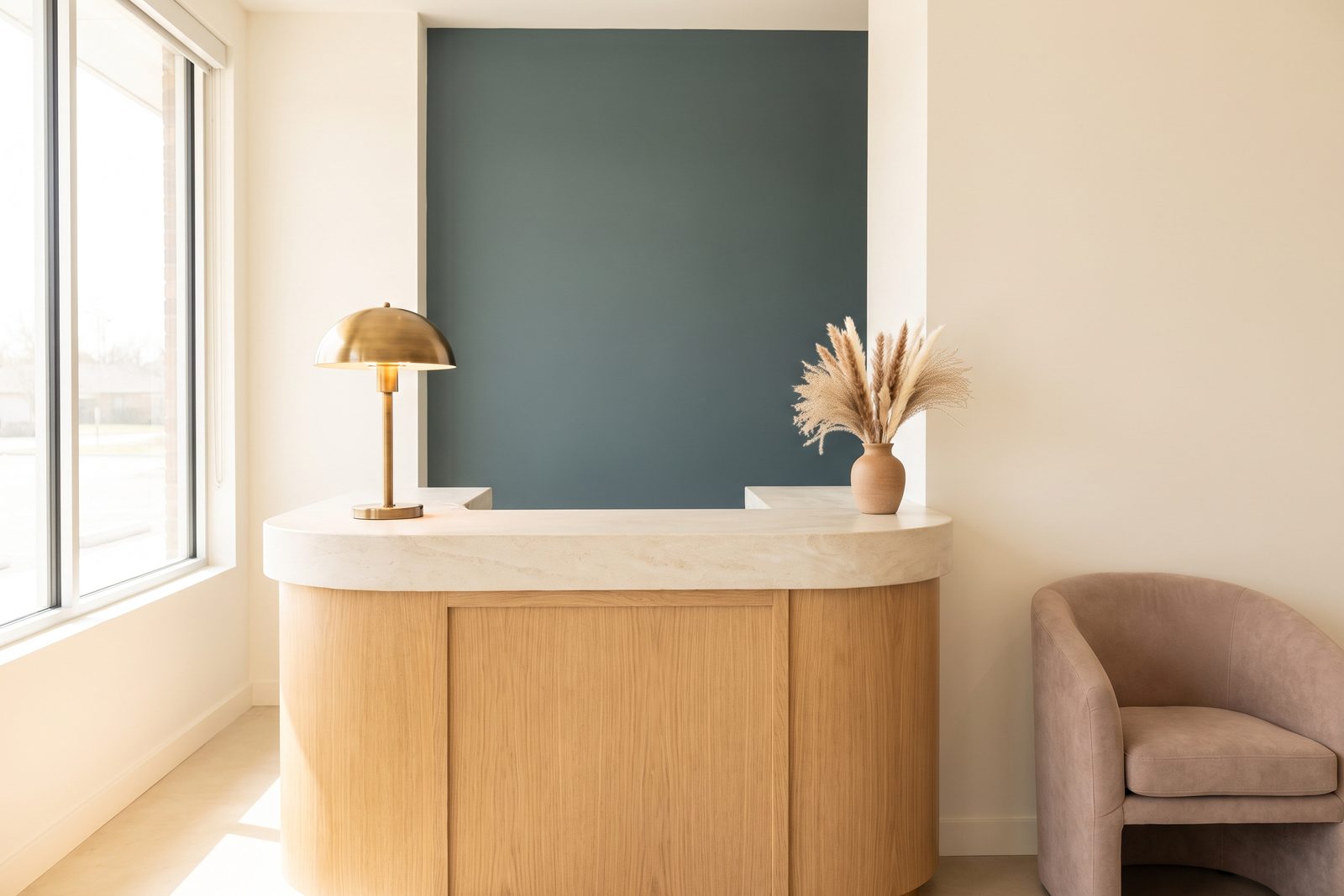 Reception counter at a chiropractic clinic lit by a warm lamp