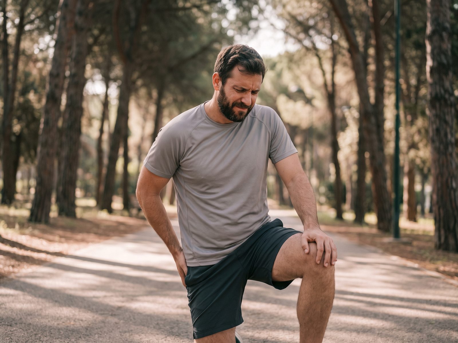 Runner down on one knee on a wooded path with a hand at the back of the hip