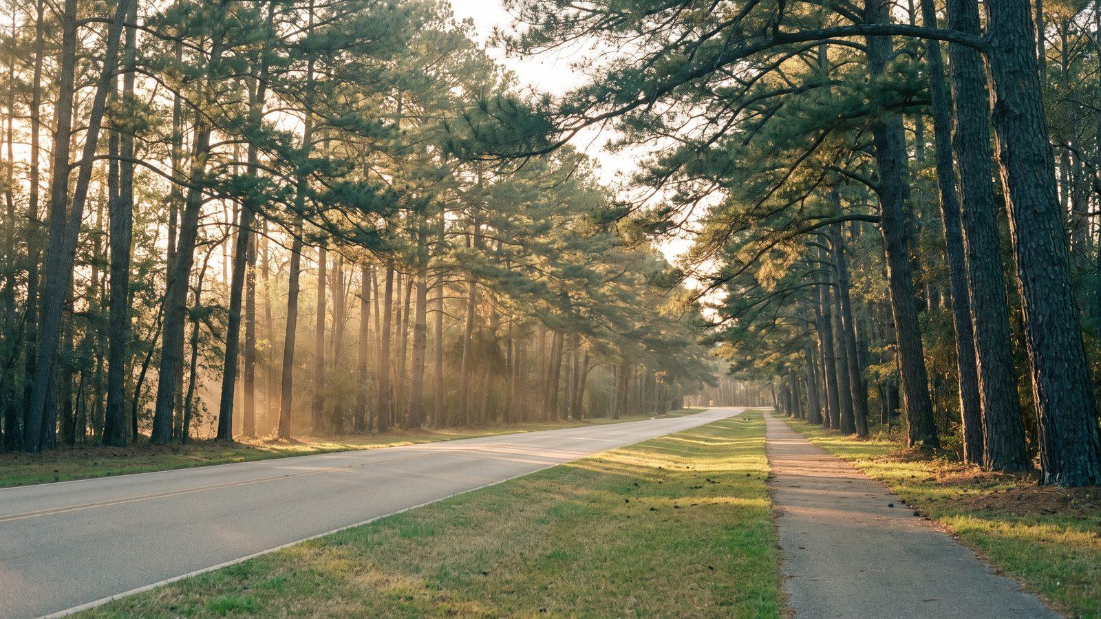 Pine trees lining a quiet parkway in The Woodlands, Texas, in warm late afternoon light